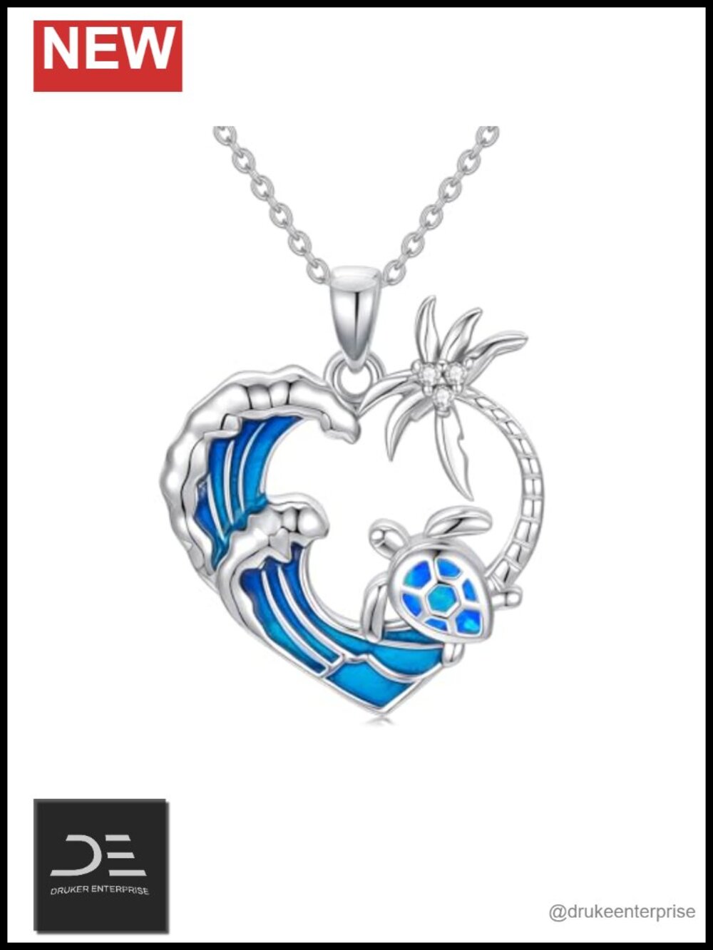 925 Sterling Silver Blue Opal Turtle Pendant Necklace Genuine Diamond Ocean